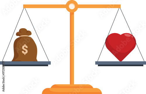 Golden scales balancing money bag and red heart representing ethics and morality concept