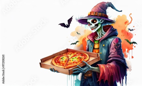 Zombie delivering pizza in Halloween-themed digital illustration