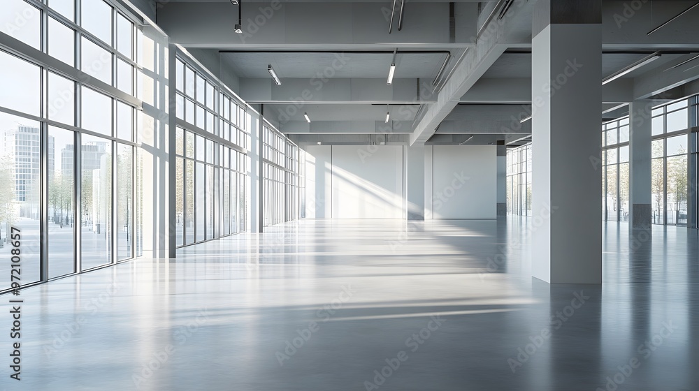 Modern Empty Interior Space with Large Windows and Concrete Beams Modern Empty Interior Space with Large Windows and Concrete Beams