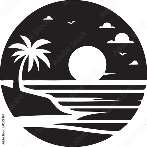 A silhouette of a sun rise sea beach icon and logo design.