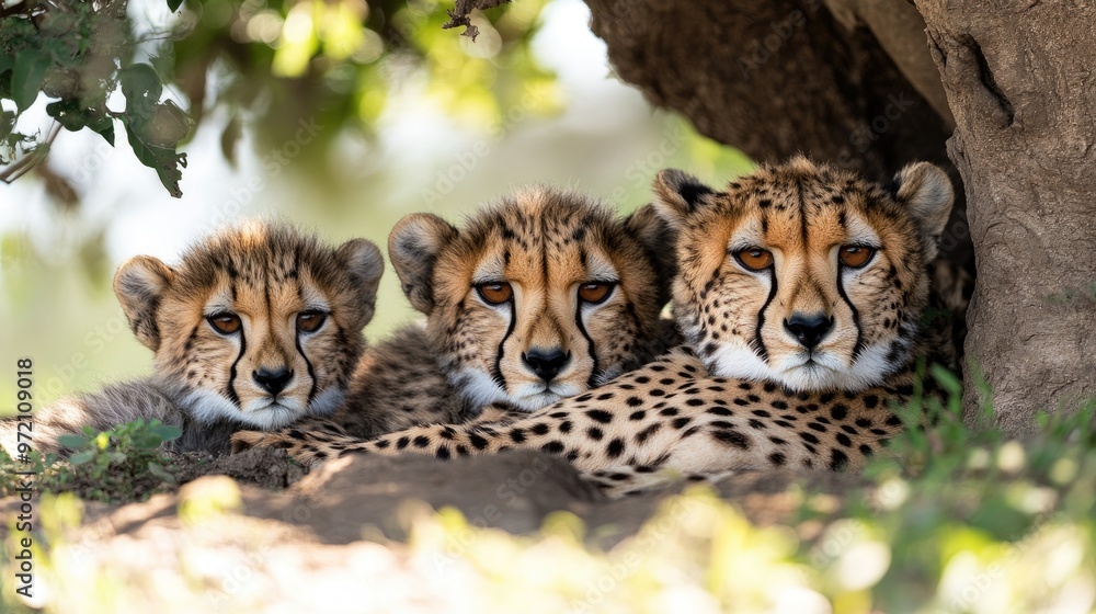 Fototapeta premium Cheetah family resting under a tree in the african savanna
