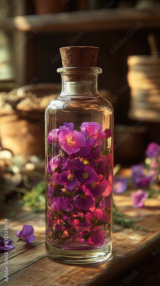 Glass bottle filled with essence, oil or perfume. Glass bottle filled with essence, oil or perfume.