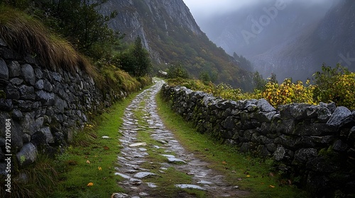 Stone Pathway Through Misty Mountain Valley photo