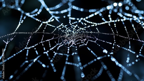 Dew-Covered Spiderweb with Bokeh Lights