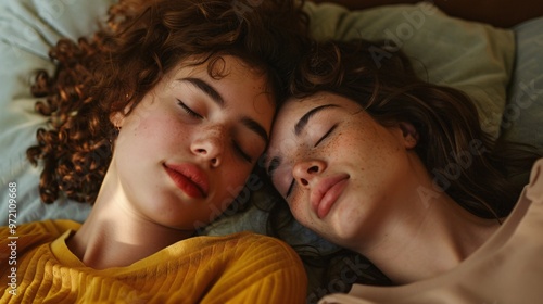 Two female partners with closed eyes relaxing at their residence.