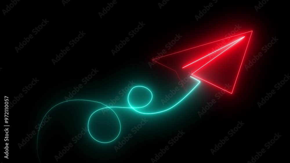 Red and cyan color paper plane flying in and out of the frame. Neon glowing Paper airplane is flying. Business success concept. One line drawing. Paper aero plane origami concept. Red and cyan color paper plane flying in and out of the frame. Neon glowing Paper airplane is flying. Business success concept. One line drawing. Paper aero plane origami concept.