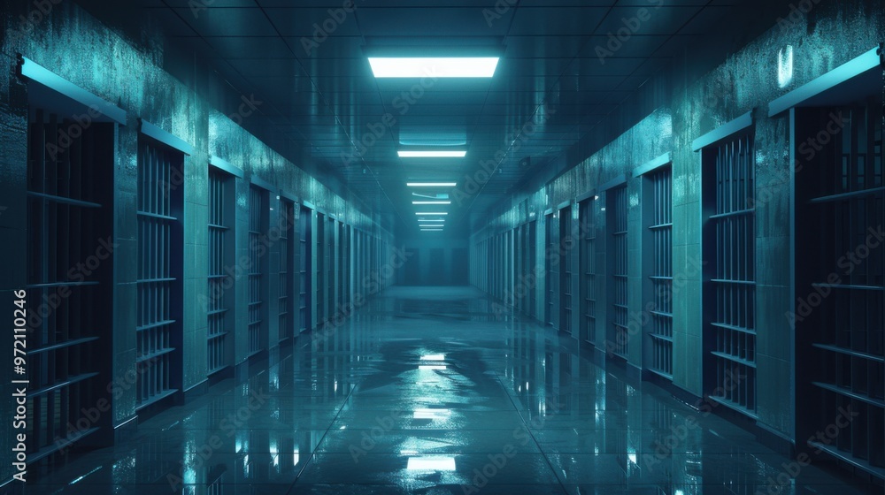 A long, dimly lit corridor in a prison facility with several barred cells on both sides, showcasing a stark, metallic blue color scheme and a reflective, polished floor under fluorescent lighting A long, dimly lit corridor in a prison facility with several barred cells on both sides, showcasing a stark, metallic blue color scheme and a reflective, polished floor under fluorescent lighting