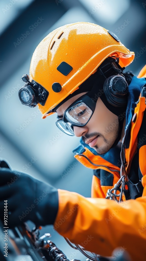 Fototapeta premium Asian men in rescue unit gear, performing a rescue operation with precision, using advanced tools and coordinating with their team under challenging conditions.