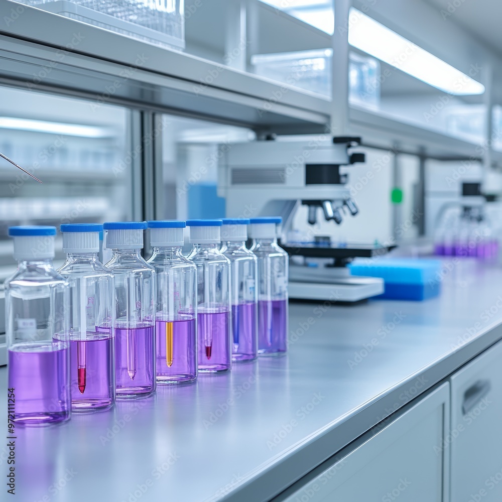 Laboratory Bottles with Purple Liquid and a Microscope in the Background. Laboratory Bottles with Purple Liquid and a Microscope in the Background.