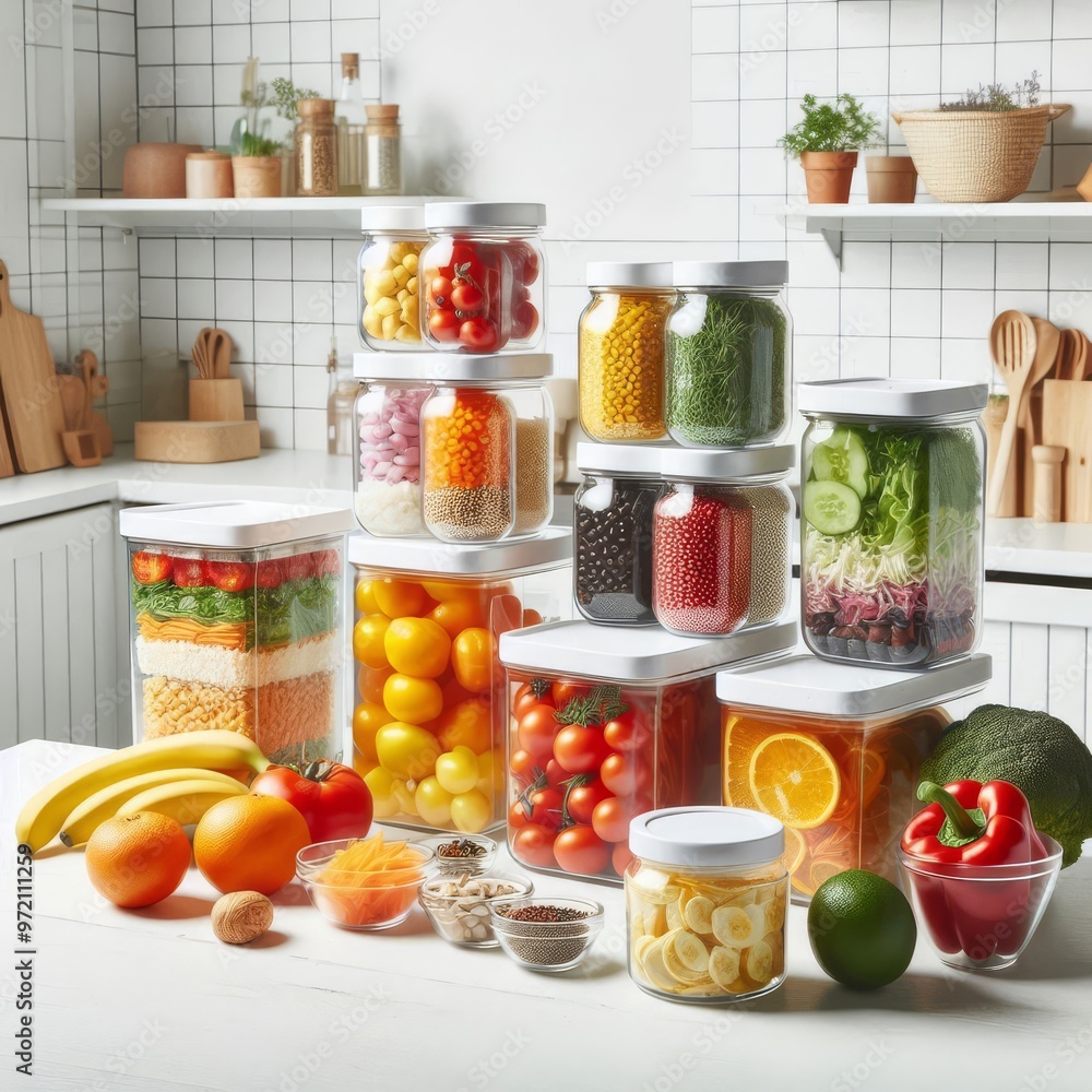 Vibrant food staples in clear containers on a white minimalist kitchen setup
Vibrant food staples in clear containers on a white minimalist kitchen setup