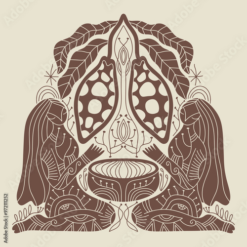 Divine magic cacao ceremony sacred ritual hand-drawn ethnic tropical style illustration. Boho magic woman goddess and chocolate beans. Mystical symbol flat holistic art. Healing food and drinks