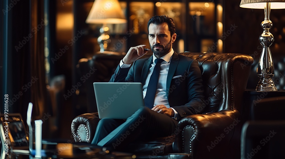 A man in a suit sits in a leather armchair, holding a laptop in his lap and looking thoughtfully off to the side. A man in a suit sits in a leather armchair, holding a laptop in his lap and looking thoughtfully off to the side.