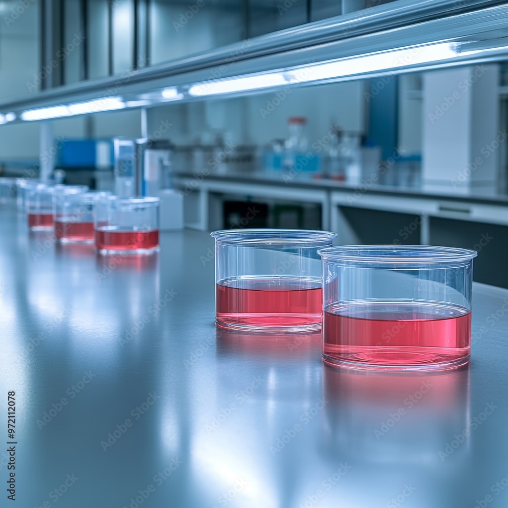 Laboratory Experiment With Pink Liquid In Glass Beakers. Laboratory Experiment With Pink Liquid In Glass Beakers.