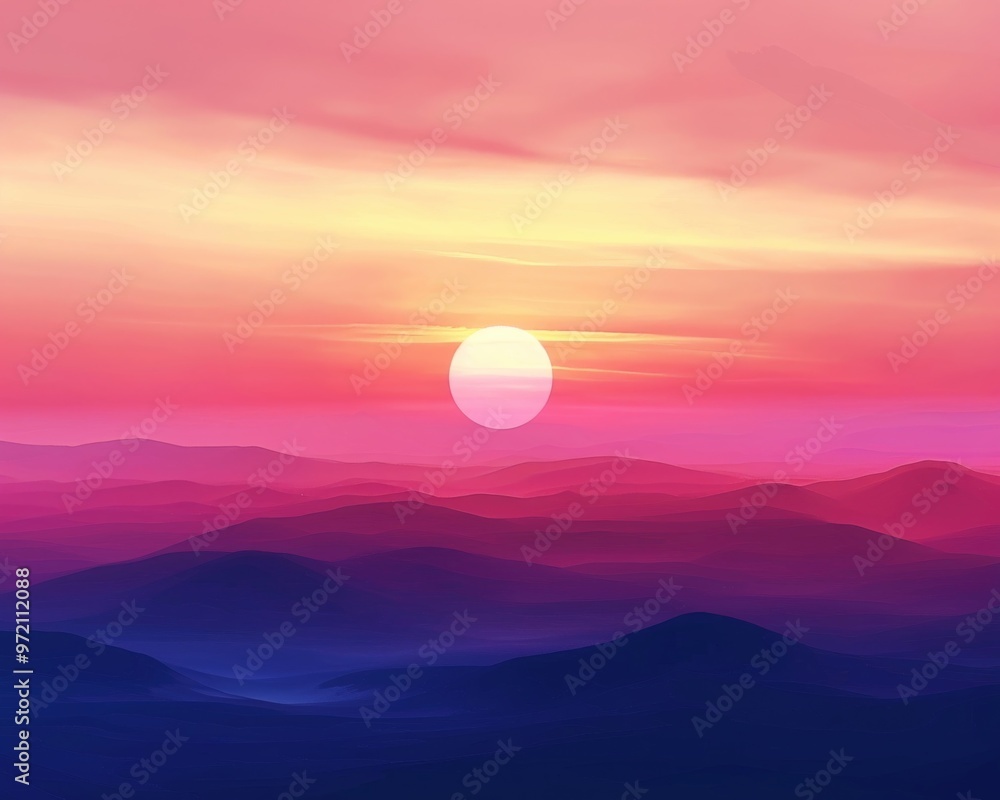 A serene landscape depicting rolling hills under a sunset sky with hues of pink, purple, and a vibrant sun hanging low on the horizon A serene landscape depicting rolling hills under a sunset sky with hues of pink, purple, and a vibrant sun hanging low on the horizon