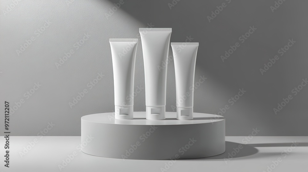 Photorealistic Round Tube for Cream on a Stand, Ultra-Realistic Advertising Photo with Detailed Features and Minimalist Design Photorealistic Round Tube for Cream on a Stand, Ultra-Realistic Advertising Photo with Detailed Features and Minimalist Design