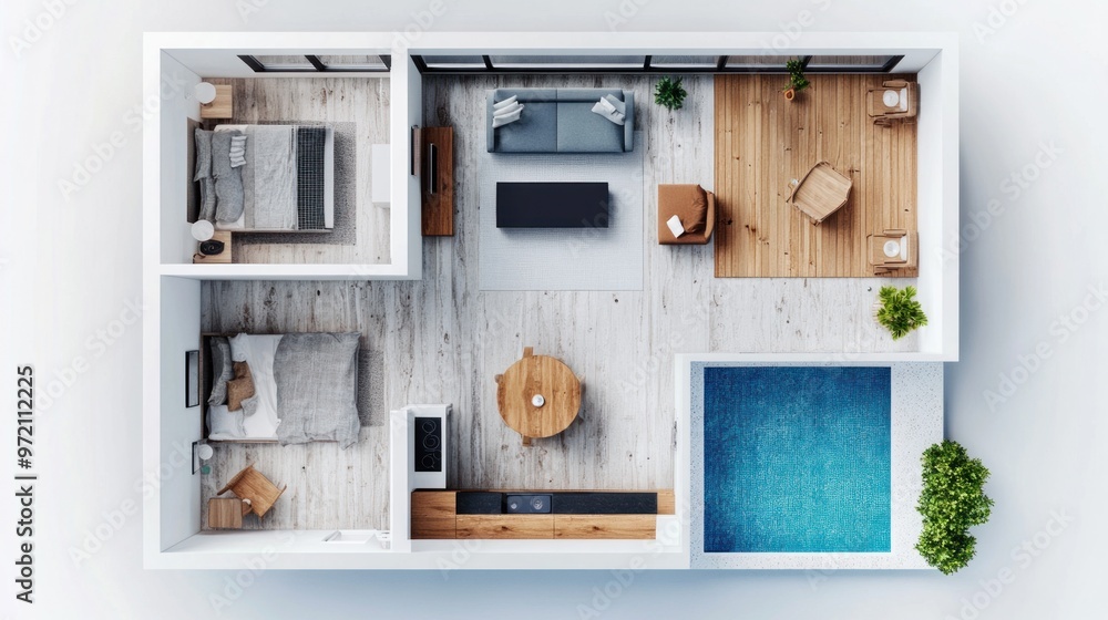 Top View of a Modern Apartment with Swimming Pool Top View of a Modern Apartment with Swimming Pool