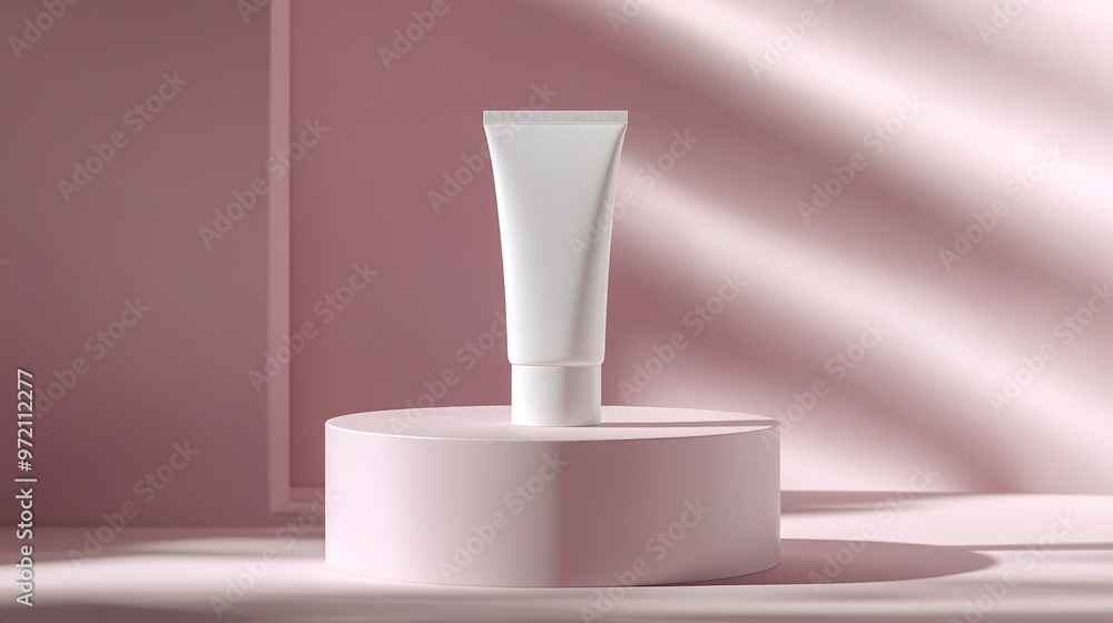 Photorealistic Round Tube for Cream on a Stand, Ultra-Realistic Advertising Photo with Detailed Features and Minimalist Design Photorealistic Round Tube for Cream on a Stand, Ultra-Realistic Advertising Photo with Detailed Features and Minimalist Design