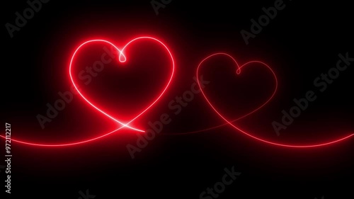 Red color neon glowing Two love hearts. Valentine's Day indicate. Love One line drawing concept. love card neon glowing icon. Bright glowing neon valentines love heart symbol animation. 