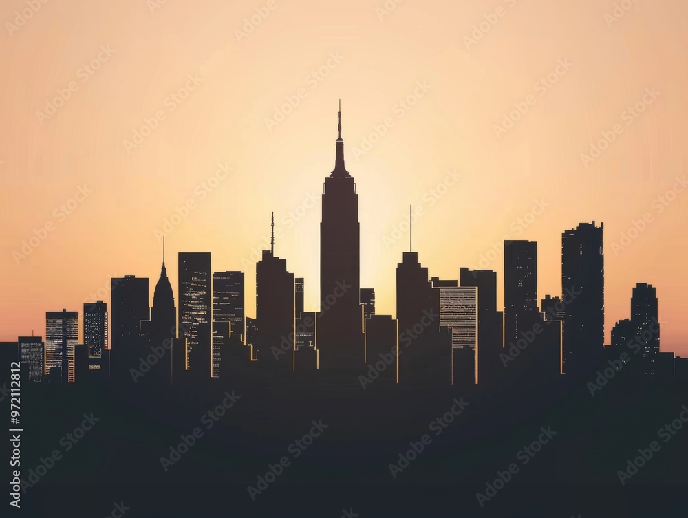 Stunning city skyline silhouette against a colorful sunset, showcasing iconic skyscrapers and urban architecture in harmony. Stunning city skyline silhouette against a colorful sunset, showcasing iconic skyscrapers and urban architecture in harmony.