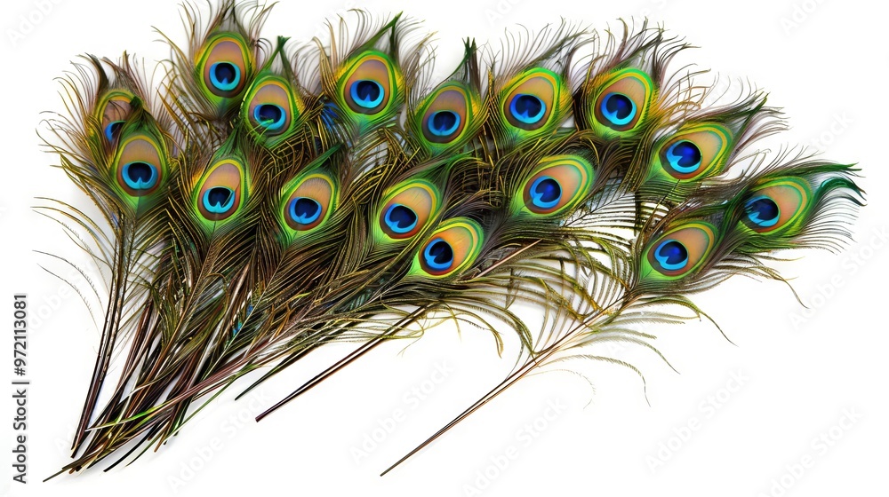Fototapeta premium A vibrant collection of peacock feathers showcasing their stunning colors and patterns, perfect for decorative or artistic use.