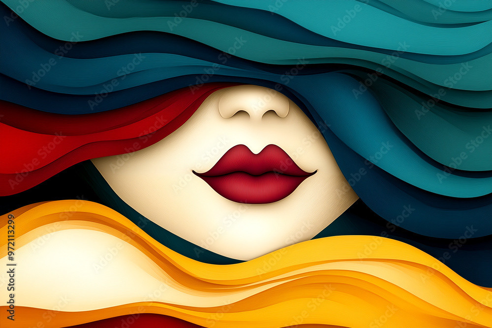 Fototapeta premium A woman's face is hidden behind a colorful scarf. The scarf is made up of different colors, including red, yellow, and blue. The image has a playful and whimsical mood