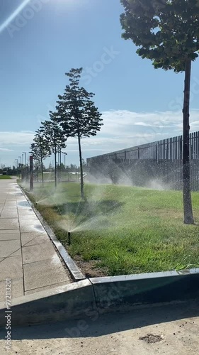 Automatic lawn irrigation system. Care for a green lawn, watering in dry weather