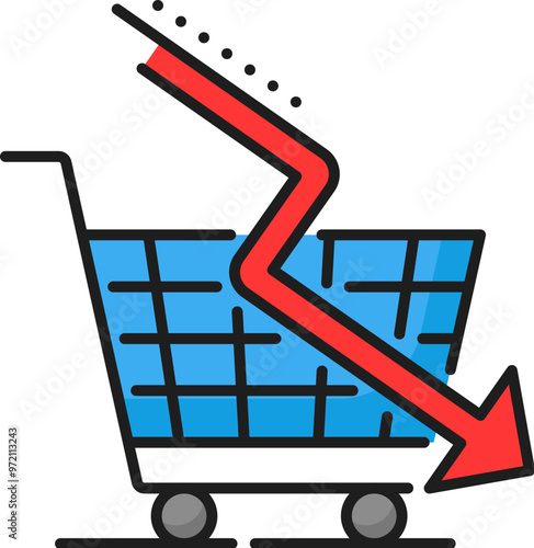 Consumer purchasing power and consumption down color line icon, vector economic crisis and inflation. Finance and business recession, bankruptcy outline symbol with shopping cart and down arrow graph