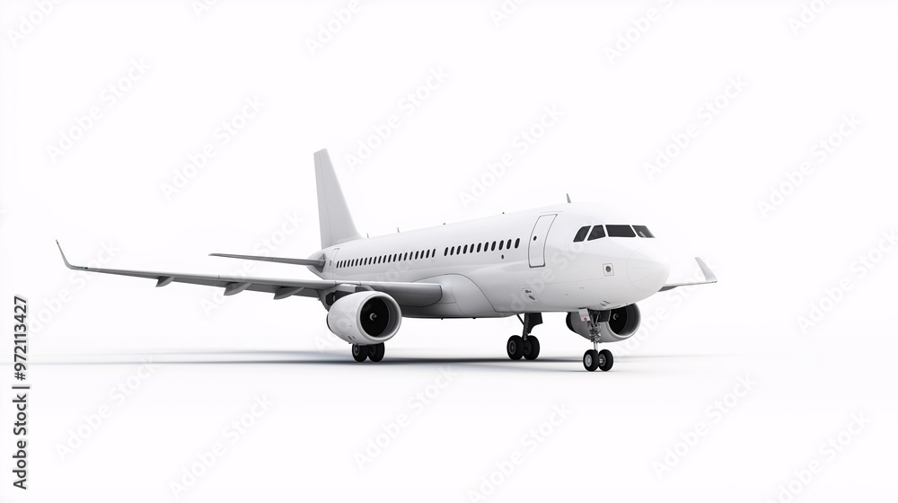 Ready for Takeoff: A pristine white passenger airplane poised on a brilliant white backdrop, embodying the spirit of travel and the allure of new horizons. Ready for Takeoff: A pristine white passenger airplane poised on a brilliant white backdrop, embodying the spirit of travel and the allure of new horizons.