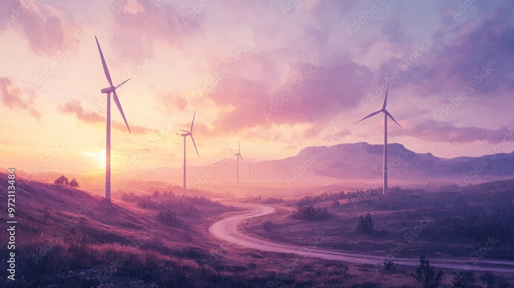 Obraz premium Wind turbines stand tall in a quiet valley, surrounded by imposing mountains and a winding river, painted in soft watercolor hues of dawn and mist
