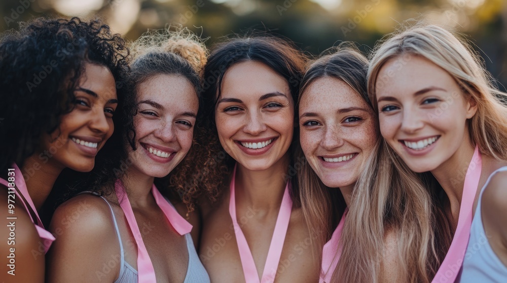 Group of women standing together smiling and wearing pink ribbons for World Breast Cancer Day Group of women standing together smiling and wearing pink ribbons for World Breast Cancer Day