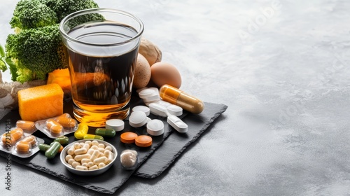 Healthy food and supplements including vegetables, eggs, and various pills arranged on a slate surface for wellness. photo