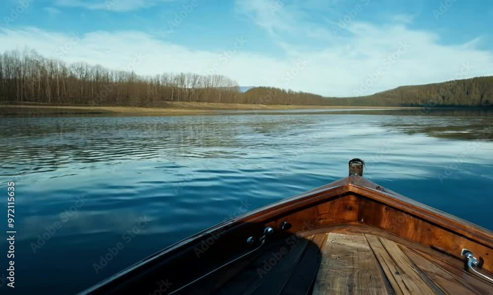 Wooden boat sailing through a calm river in a forest Wooden boat sailing through a calm river in a forest