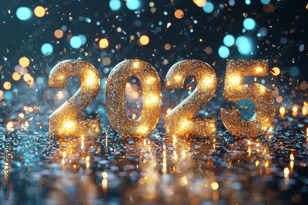 Sparkling into 2025: Golden illuminated numerals shine against a backdrop of festive bokeh and shimmering confetti, capturing the magic and anticipation of the new year. Sparkling into 2025: Golden illuminated numerals shine against a backdrop of festive bokeh and shimmering confetti, capturing the magic and anticipation of the new year.