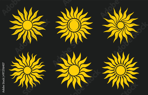 Set of yellow and orange sun icons with sharp rays, perfect for sunrise and sunset-themed designs.