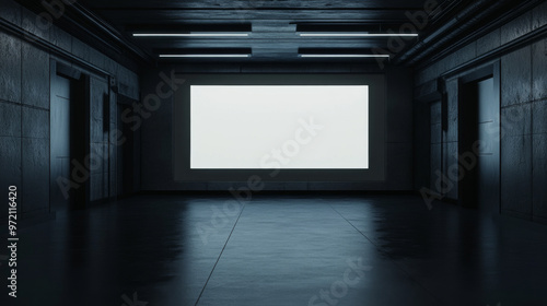 Sci-Fi Corridor Canvas: A blank billboard illuminates a desolate, futuristic hallway, flanked by imposing metal doors, ready for your message in this atmospheric scene. 