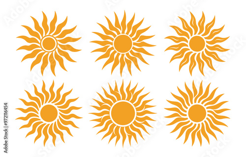 Set of yellow and orange sun icons with sharp rays, perfect for sunrise and sunset-themed designs.