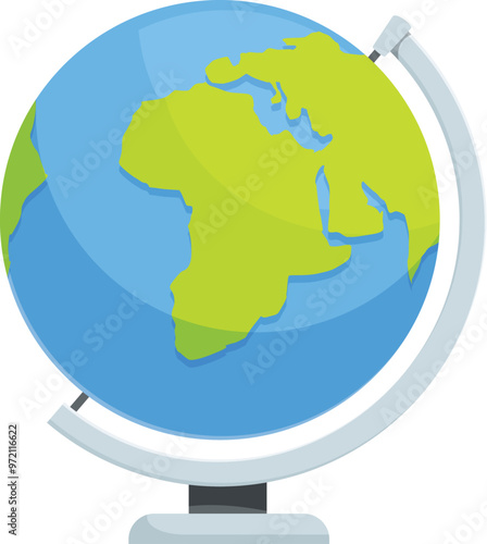 Cartoon globe rotating on a stand, showing africa and asia in green and the oceans in blue