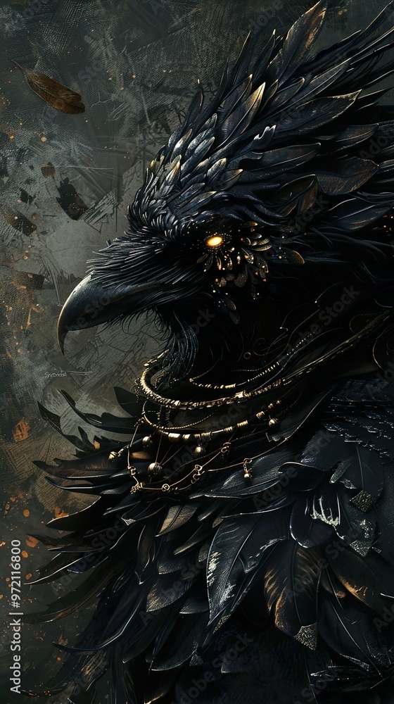 Dark Raven with Golden Accents: A Mystical Bird Portrait Dark Raven with Golden Accents: A Mystical Bird Portrait