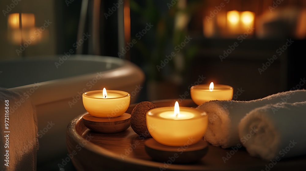 Three lit candles on a wooden tray with a white towel in a bathroom setting. Three lit candles on a wooden tray with a white towel in a bathroom setting.