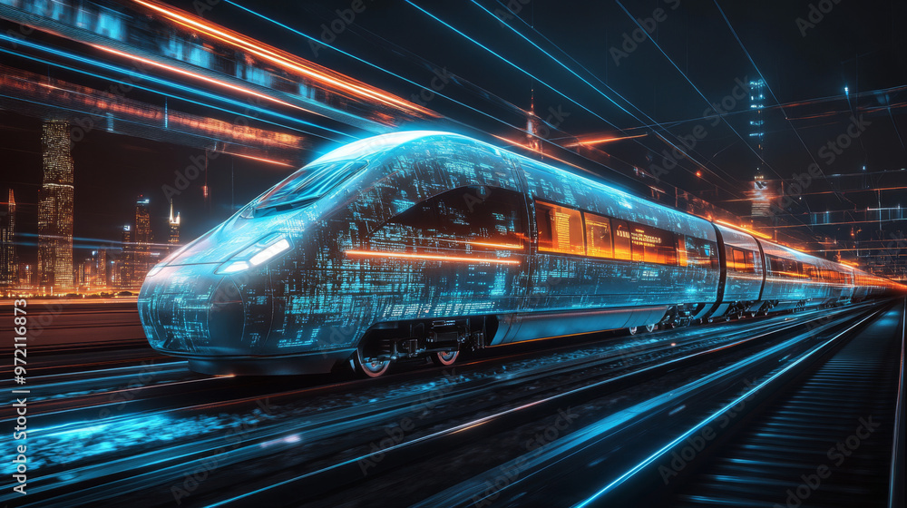 Digital Express: A futuristic high-speed train races through a neon-lit cityscape, embodying speed, technology, and the future of transportation. Digital Express: A futuristic high-speed train races through a neon-lit cityscape, embodying speed, technology, and the future of transportation.