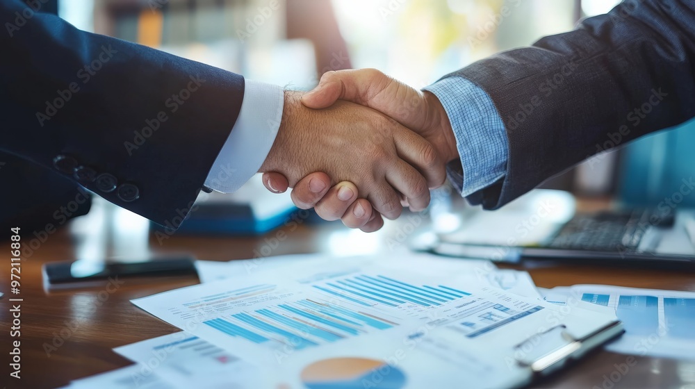Business executives shaking hands over a table with financial documents, signifying a successful partnership or agreement. Business executives shaking hands over a table with financial documents, signifying a successful partnership or agreement.