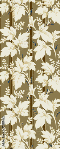 A floral pattern of white stylized vines with black accents on a background of olive green and brown vertical stripes.