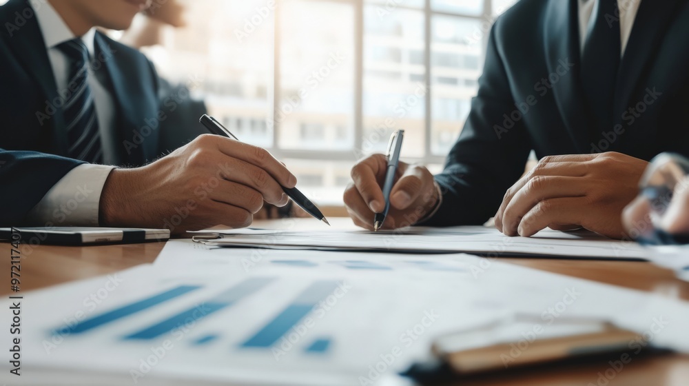 Business meeting with professionals discussing charts and financial documents in a modern office environment. Business meeting with professionals discussing charts and financial documents in a modern office environment.