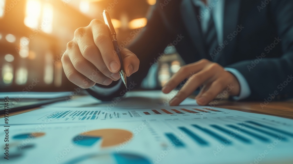 Business professional analyzing financial charts and graphs, focusing on data trends and statistics in a modern office environment. Business professional analyzing financial charts and graphs, focusing on data trends and statistics in a modern office environment.