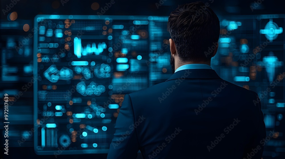 Business Leader Engaging with Holographic Data Visualizations for Strategic Decision-Making Business Leader Engaging with Holographic Data Visualizations for Strategic Decision-Making