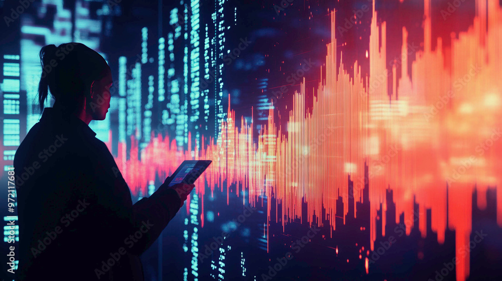 A female investor stands in front of a massive digital screen displaying dynamic red and blue financial graphs. She holds a tablet, analyzing complex market trends and data with intense focus. A female investor stands in front of a massive digital screen displaying dynamic red and blue financial graphs. She holds a tablet, analyzing complex market trends and data with intense focus.
