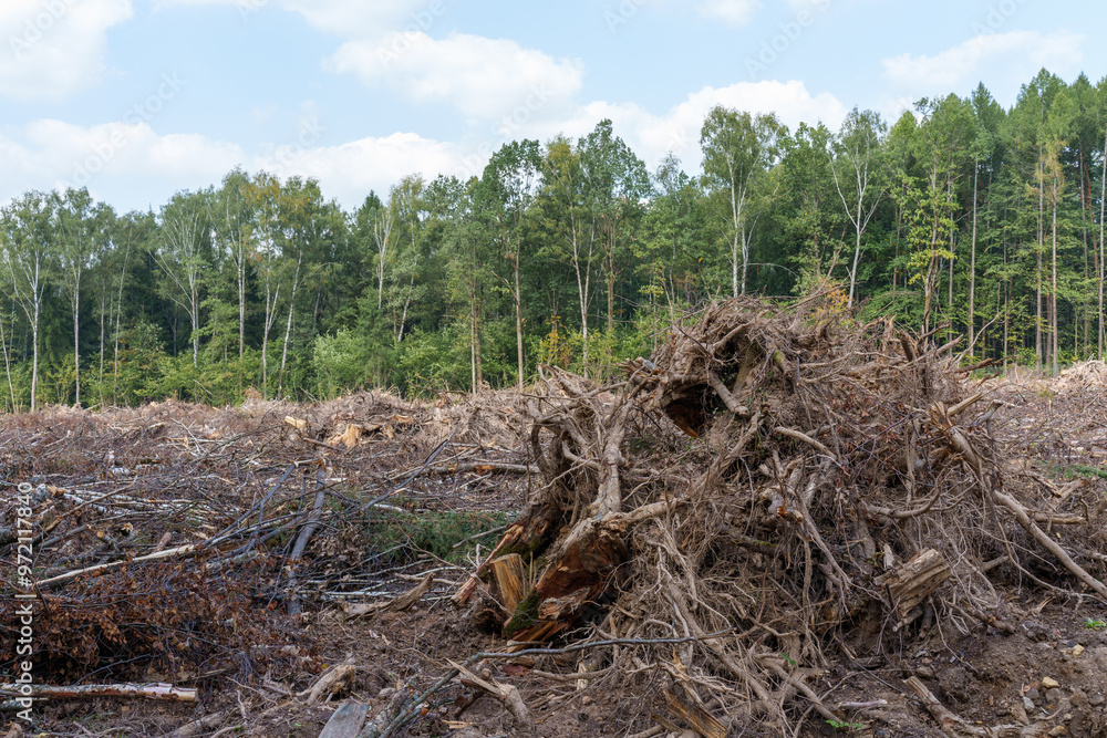 Fototapeta premium forest clearing with uprooted trees, branches, soil debris scattered across the landscape, contrasting with the remaining forest in the background, deforestation, land clearing, environmental impact