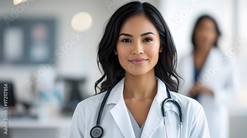 Confident Young Woman in Medical Attire with Stethoscope Smiling in a Modern Healthcare Setting