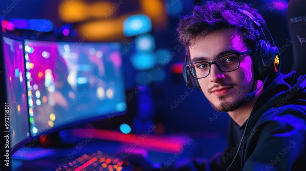 Gamer with Headset Focused on Monitor