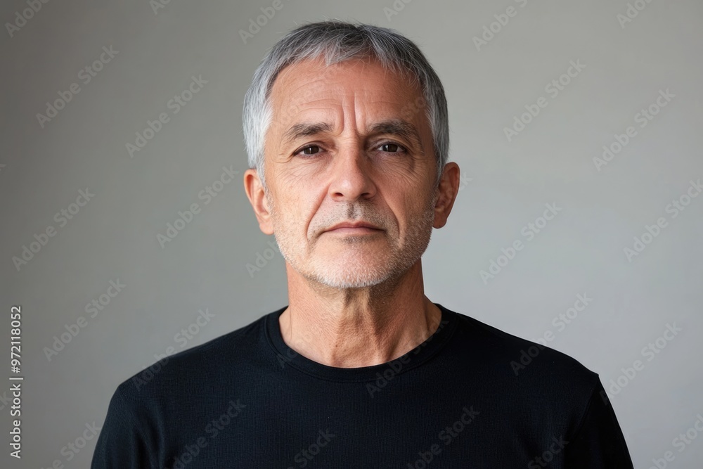 Serious senior man with grey hair looking at camera Serious senior man with grey hair looking at camera